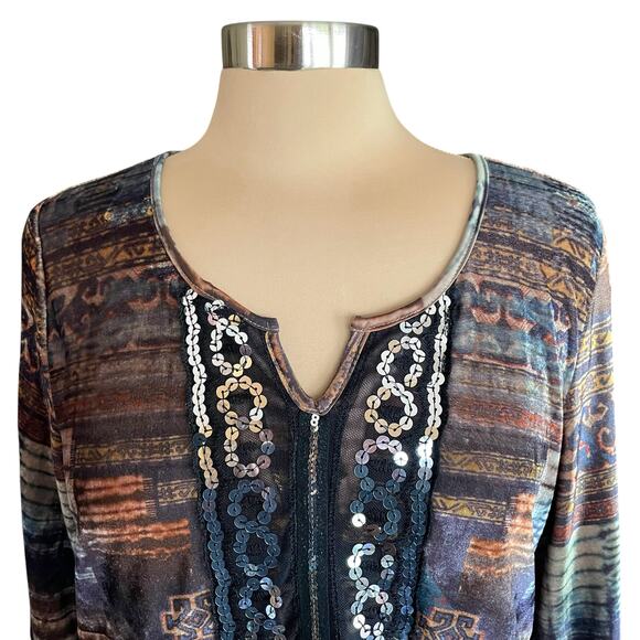 One World Velvet Print Top Sequin & Lace Trim LRG Whimsygoth Forest Fairy Grunge - Picture 2 of 10
